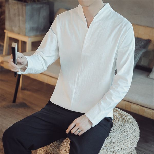 

large size 5xl bottoming shirt chinese style long-sleeve shirts men's 2020 new linen ancient hanfu v-neck all-match, White;black