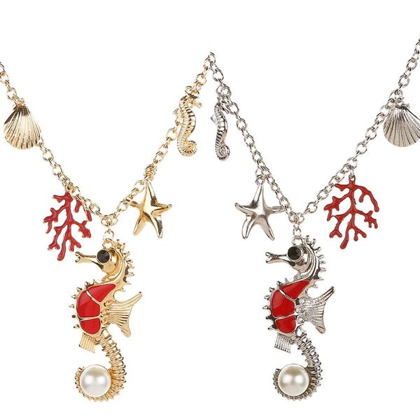 

marine series animal and plant gold and silver two-tone necklace animal hippocampus starfish pendant necklace female personality fashion jew