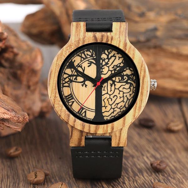 

wooden watches soft leather strap life tree dial timepieces natural quartz wood watch clock gifts for men women, Slivery;brown