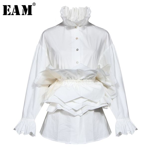 

eam] women white ruffles split blouse new stand collar long sleeve loose fit shirt fashion tide spring autumn 2020 1n882
