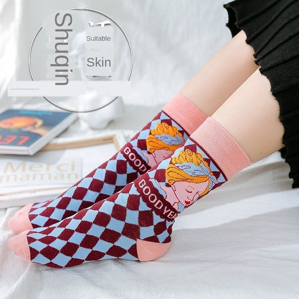 

fashion high-tube fashionable female luo lita net red cute cartoon cotton medium-tube medium medium socks socks academic style, Pink;yellow