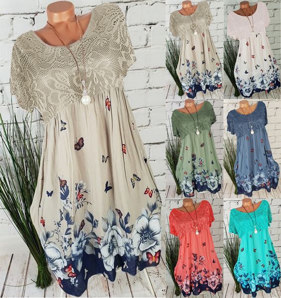 

large size loose women dress 2020 summer new lace dress printed hollow short-sleeved high-quality ladies 5xl, White;black