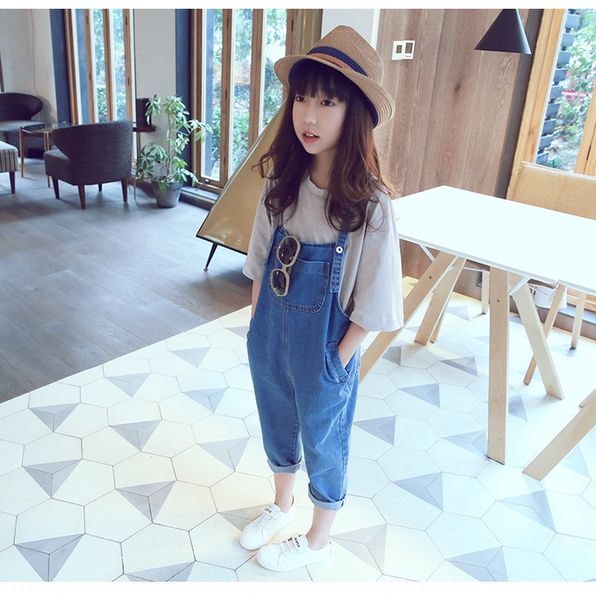 

autumn clothing clothing girls capri children's leisure and jeans children's wear jeans harlan belt pants single-piece belt pants, Blue