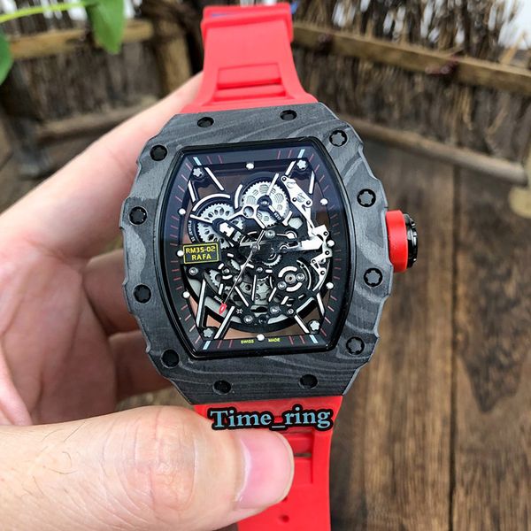 

edition rm35-02 skeleton dial carbon fiber case japan miyota automatic movement rm035-02 mens watch red rubber strap business watches, Slivery;brown