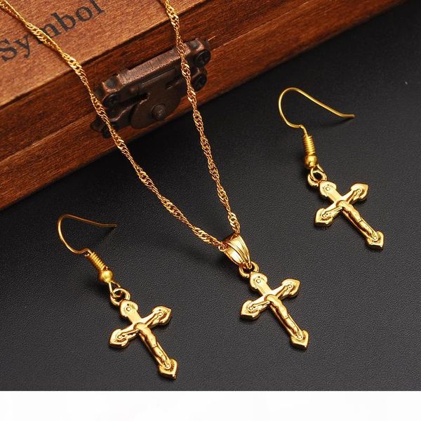 

special design christian vogue true real 14k solid fine yellow gold filled crucifix cross timeless charm earrings pendant chain set, Silver
