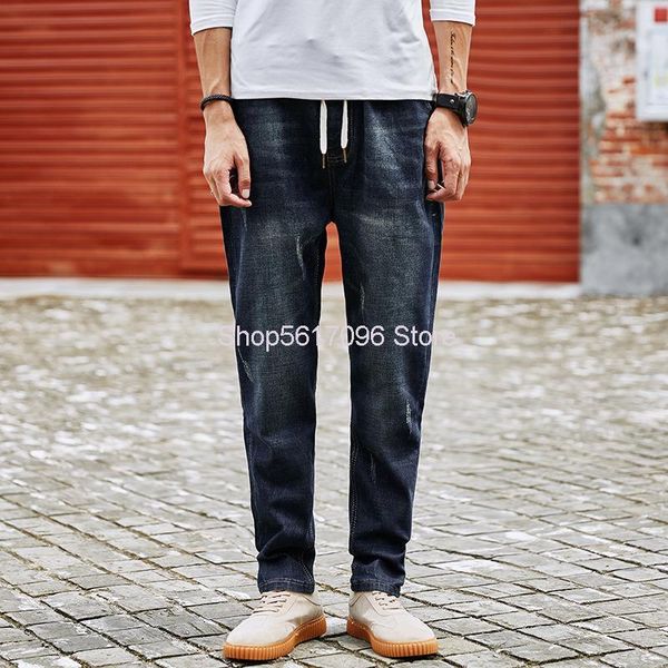 

elastic force elastic waist harlan jeans men's wear super brand nostalgia lace high waist pencil cowboy trousers pants, Blue