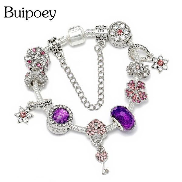 

buipoey purple crystal heart lock charm bracelets for women girls shiny flowers pendant gift box beaded bangle original jewelry, Golden;silver