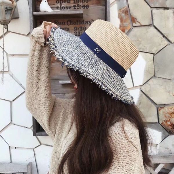 

female summer m letter sun hat panama vacation straw hat lady fashion burr raffia beach straw jazz visor for woman, Blue;gray