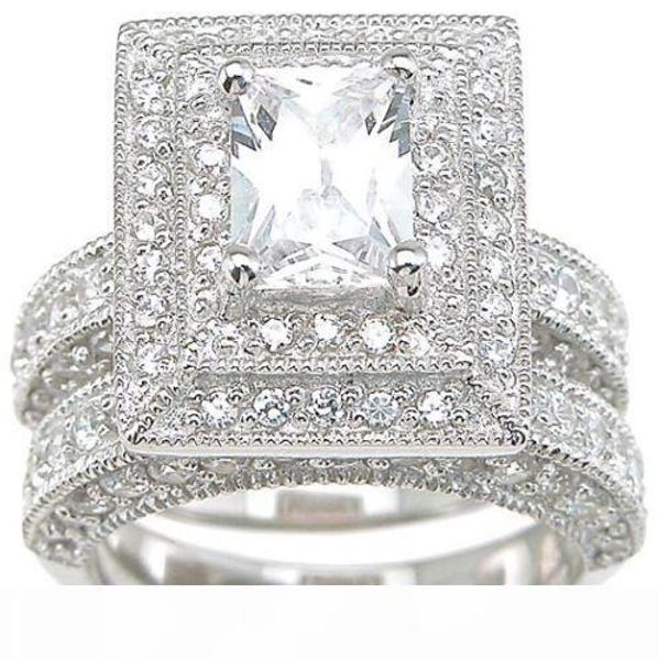 

professional wholesale vintage jewelry z simulated diamond 14kt white gold filled 3-in-1 wedding ring set for christmas gift sz 5-11, Slivery;golden