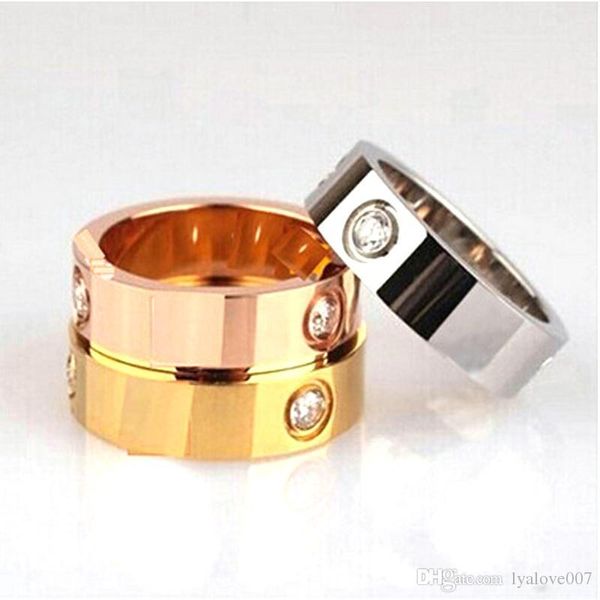 

titanium stainless steel love rings for women men jewelry couples cubic zirconia wedding rings logo bague femme 6mm wide no box, Slivery;golden