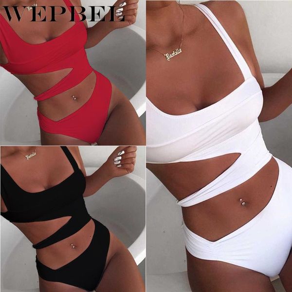 

wepbel women one piece bikini elastic summer hollow out solid color bikinis beach swimwear swimming suit, Black;white