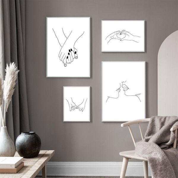 

холдинг рука line плакат поцелуй печать холста пара руки wall art картина любви плакатов и печать nordic picture спальни декор