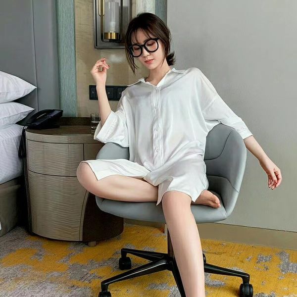 

korean style new women's ice and snow silk pajamas simple casual fashion loose thin pajamas shirt silk shirt home wear, Blue;red