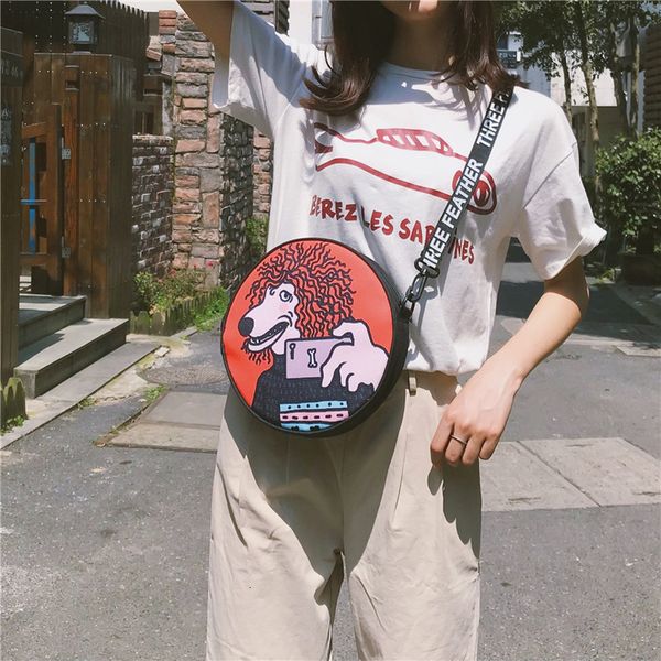 

japanese shoulder bag harajuku style dog print girl cool round bag hip hop party handbag for women clutch purse