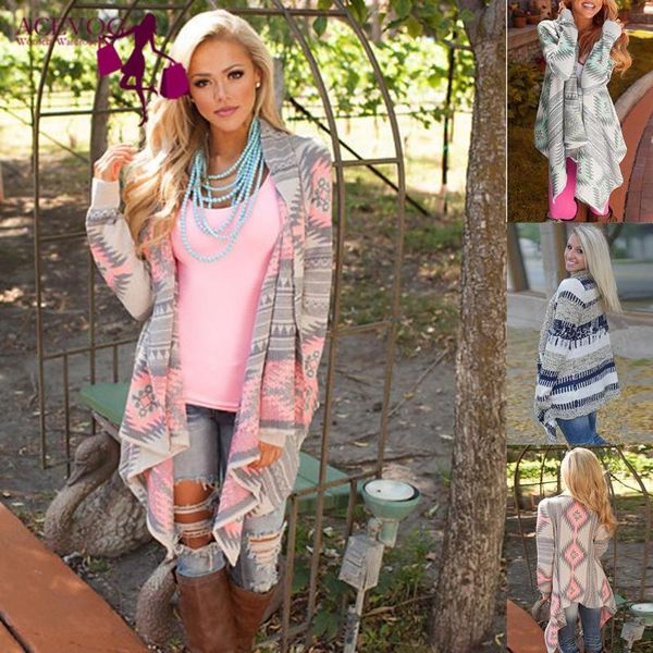 

acevog aztec fashion long sleeved cardigan casual all-match sweaters print irregular warm women lady cardigans jackets, White