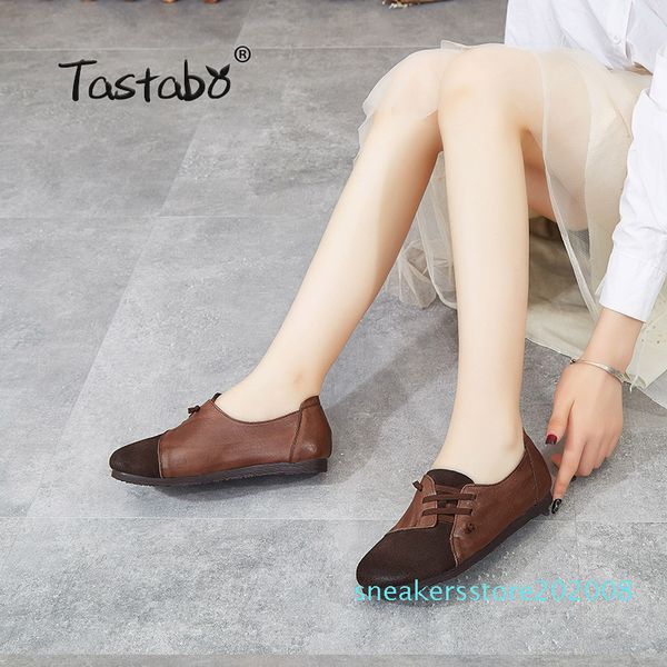 

tastabo genuine leather handmade women shoes simple style brown khaki s118-2 soft bottom shoes color matching driving s08, Black