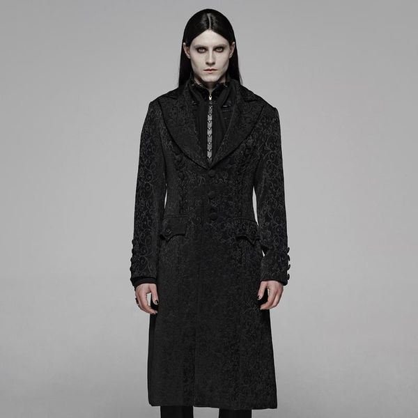 

punk rave men's vintage gothic jacquard medium long coat rope design slim fit dinner party stage performance winter coat, Tan;black