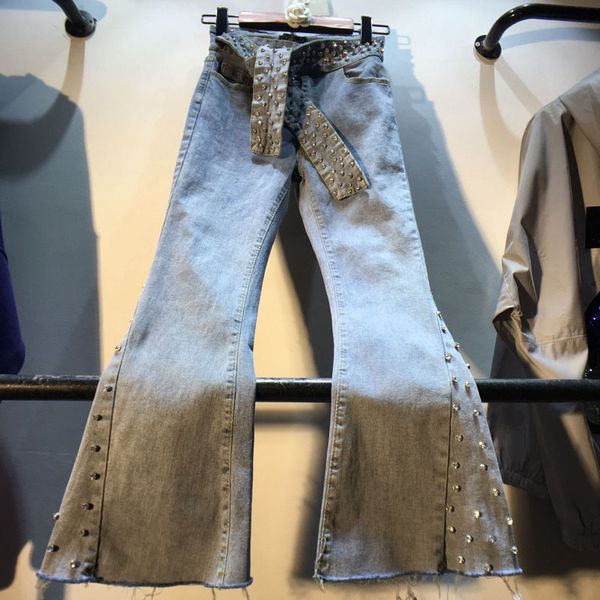 

europe women flare jeans ankle-length beading rhinestone denim pants stretch vintage trousers fashion streetwear autumn 2020, Blue