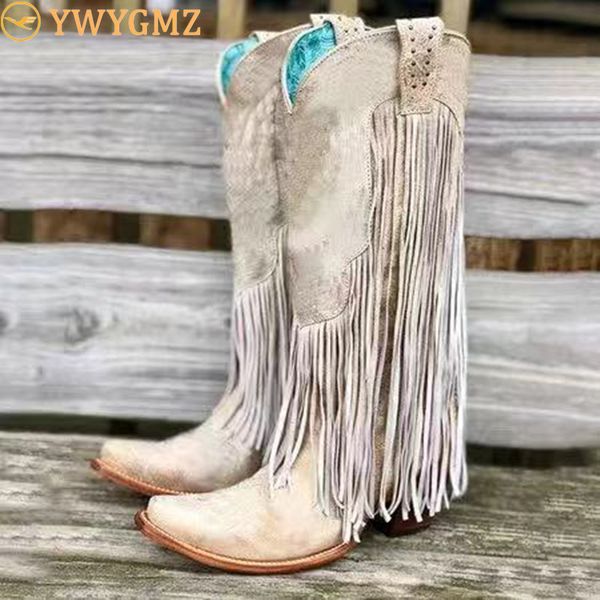 

new retro women boots winter square heel fringe mid calf boots fashion pu warm long bota feminina zapatos de mujer, Black