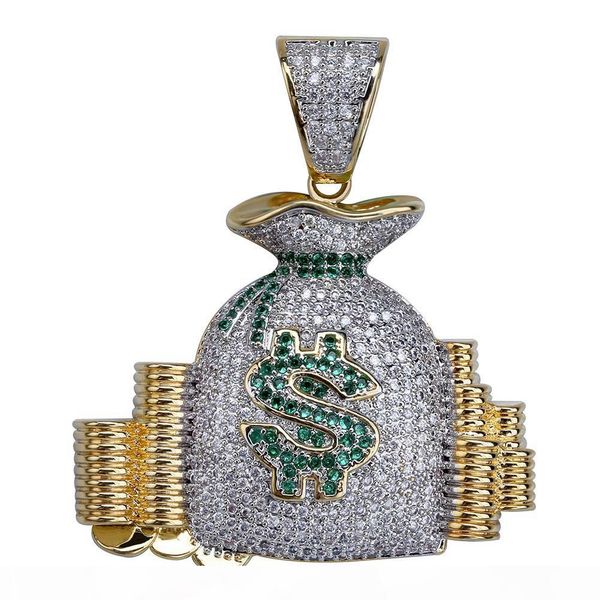 

hip hop new style money bag pendant necklace iced out micro pave cz stone gold silver plated charm chain for men women
