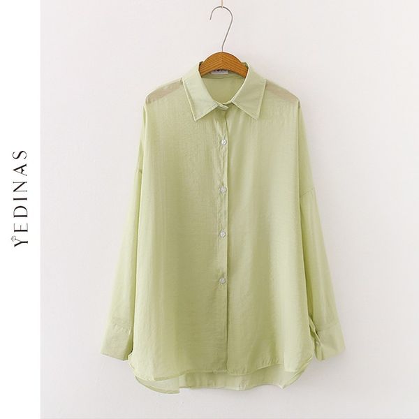

yedinas women shirts blouses female long-sleeve vintage white office blouse korean fashion clothing button up green shirt