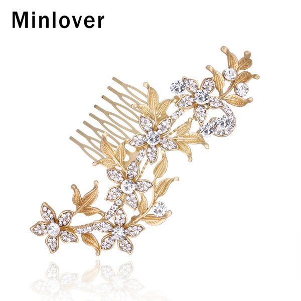 

minlover gold color leaf sweet crystal bridal hair combs for women rhinestone flower wedding hair jewelry accessories mfs149, Golden;silver