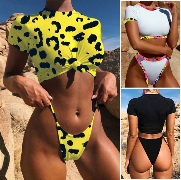 

knot crop bikini 2020 leopard swimwear solid women bathers yellow brazilian swimsuit female t shirt thong bikini swimming new, White;black