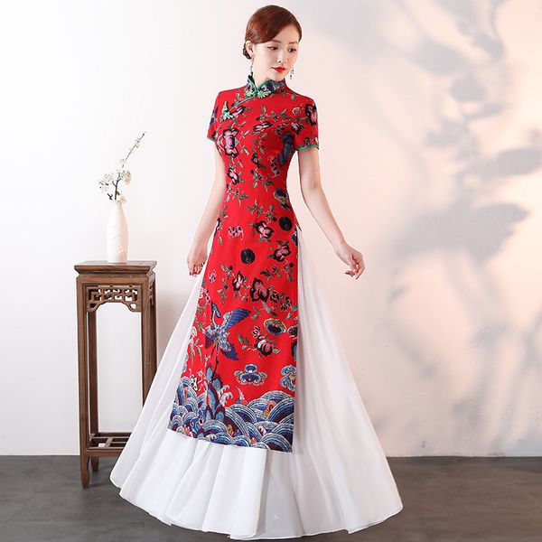 

ethnic clothing lady vintage floral print long cheongsam big size 5xl satin elegant fit and flare qipao red chinese bride wedding dress gown