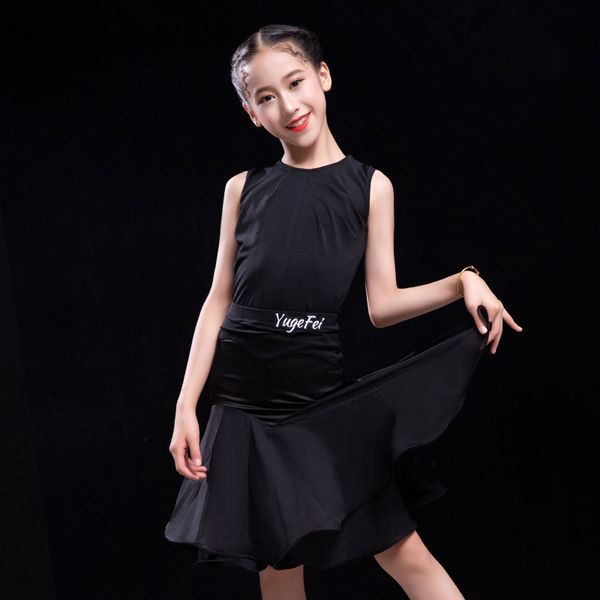 

stage wear latin dance dress children cha rumba samba performance girls sleeveless chiffon skirt practice costumes dnv13350, Black;red