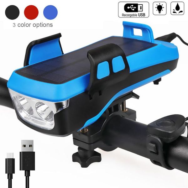 

bike lights multi-function 4 in 1 bicycle light rechargeable t6 led headlight horn holder front
