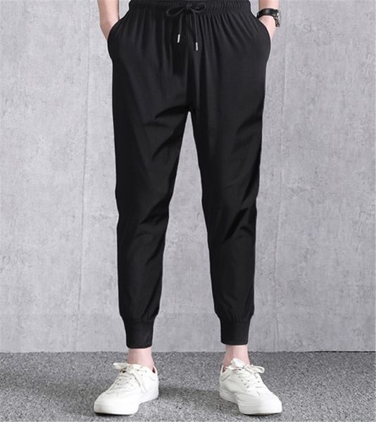 

summer casual males drawstring trousers fashion solid color elastic pencil pants designer slim capris mens clothing, Black