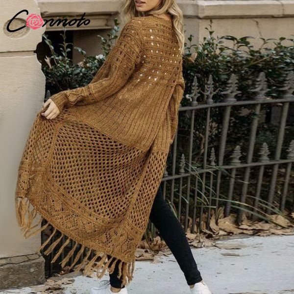 

conmoto chic long tassel knitwear cardigans casual hollow out women sweater cardigan solid winter knitted cardigan, White