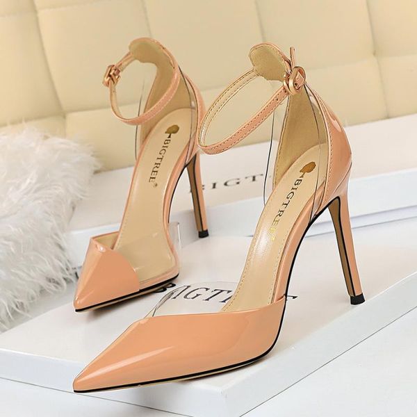 

bigtree fashion fine super high heels sandals paint shallow mouth tip club hollow field strap sandals women pumps, Black