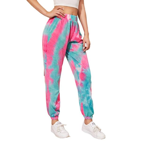 

tie dye print повседневная длинные брюки спортивные брюки 2020 мода женские бегущие брюки упругие высокие талии спортивные штаны с карманами, Black;white
