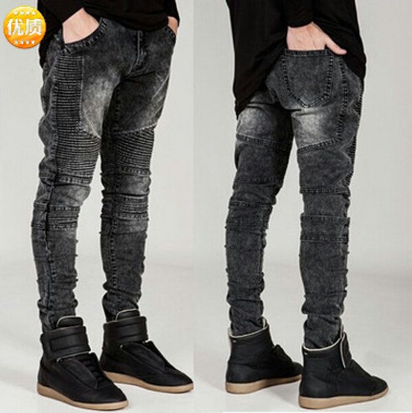 

men mid waist pleated super skinny jeans for men, Blue