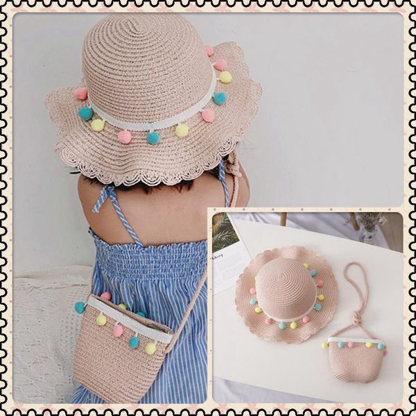 

child summer beach sun for children girls straw bucket travel cap kids big brim pompom casquette protection hats new, Blue;gray