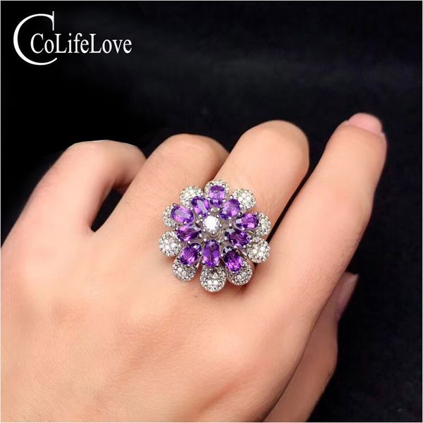 

colife jewelry 925 silver flower ring with amethyst 15 pieces natural amethyst silver ring fashion jewelry, Golden;silver