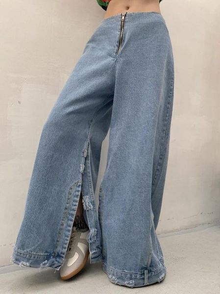 

women's bf irregular design of high waist wide leg jeans women jean, Blue