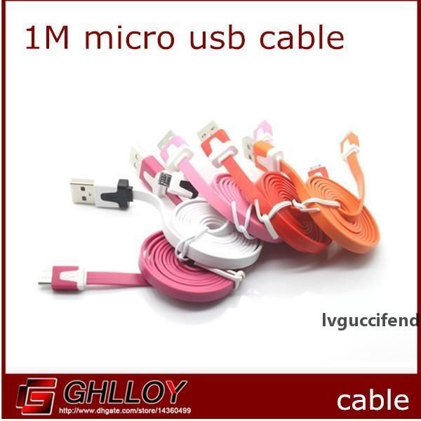 

dual color 1m 3ft flat micro usb cable noodle charger cord universal for samsung s3 s4 m7 z10 htc 100pcs/lot