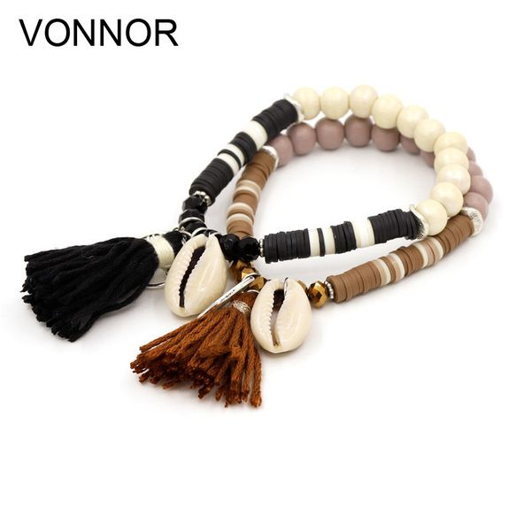 

boho bracelets for women jewelry crystal polymer clay beads strand bracelet hanging shell tassel wrist accessories, Black