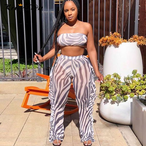 

kricesseen print mesh two piece pant set women strapless crop and ruffles long pant 2 pieces suits fitness outfits, White