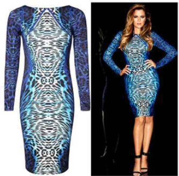 

long sleeve knee-length blue leopard print dress plus size women bodycon dress new 2015 backless pencil bandage dress w193, Black;gray