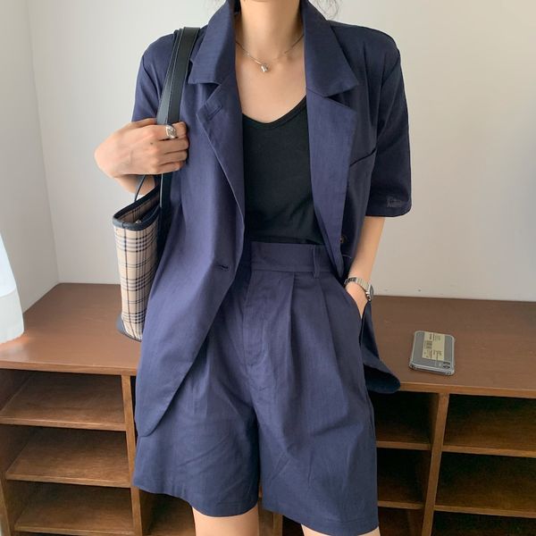

summer women pants suit cotton linen blazer + casual shorts pants new office lady work suits two-piece sets notched, White;black