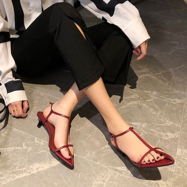

summer buckle spike heel sandals women hollow t-strap slides narrow band gladiator shoes fashion pointed toe sandalias mujer, Black