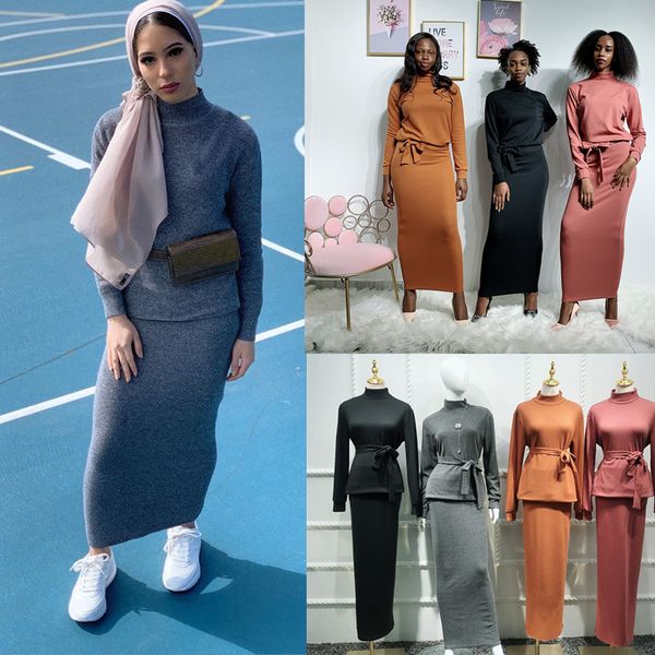 

knit abaya turkish muslim hijab dress skirts set caftan marocain kaftan dubai islam clothing for women vetment femme hijab