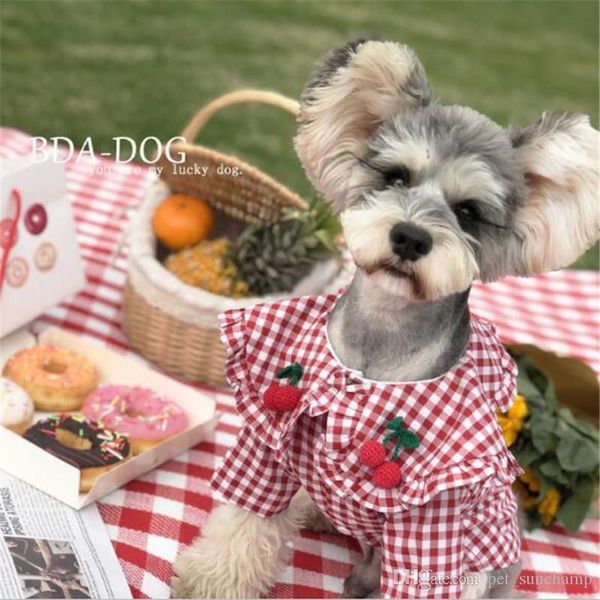 

cute plaid pattern pet рубашка ins мода клубника орнамент животные футболка фестиваль прекрасные шарм тедди шнауцер одежда