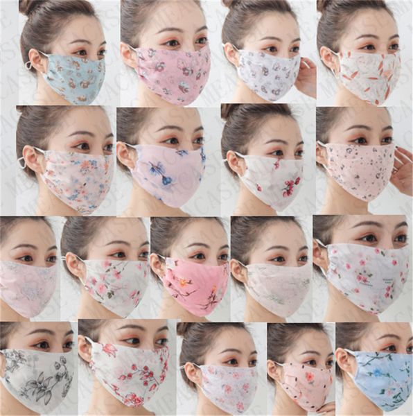 

women face mask chiffon floral sunscreen mask summer outdoor dustproof mask breathable anti-ultraviolet double layer masks 26 colors d72807, Blue