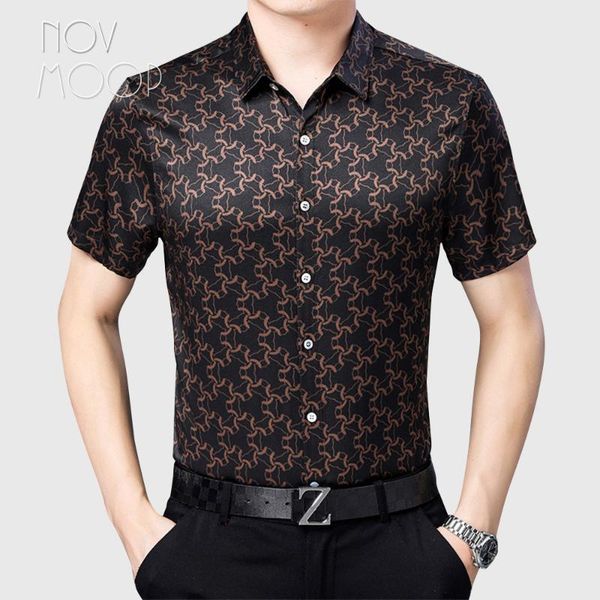 

novmoop smart casual style men spring summer red coffee color short sleeve spandex silk shirt kemeja pria camisa lt3059, White;black