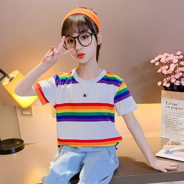 

kaaur girls' colorful striped short-sleeved new style for middle and large children in t-shirt t-shirt 2020 fashionable colorful stripe, Blue