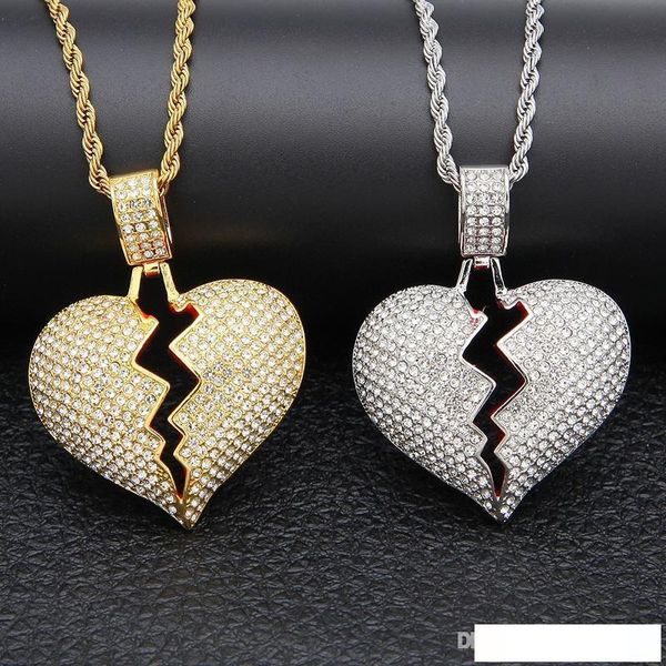 

iced out broken heart pendant necklace for mens womens new fashion hip hop necklace jewelry gold hiphop necklaces, Silver